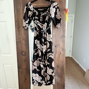 Bardot Black Midi Dress with Cream Floral Print
